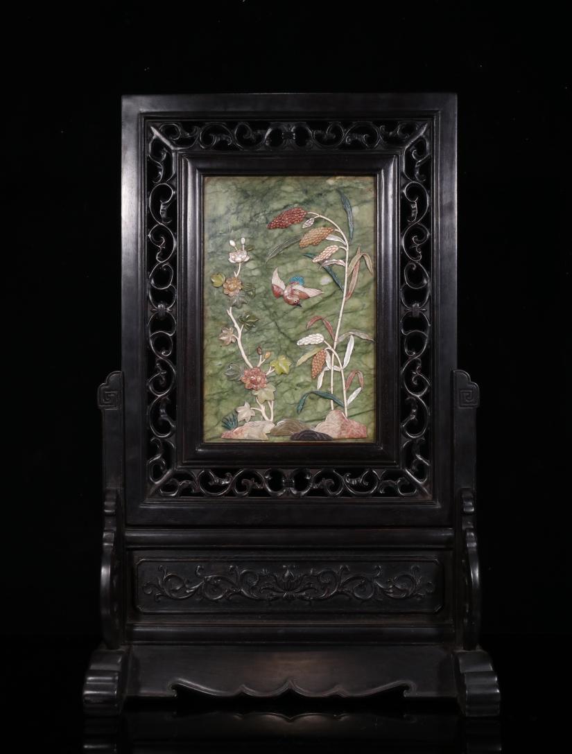 GEMSTONES INLAID ZITAN WOOD CARVING TABLE SCREEN (1 of 9)