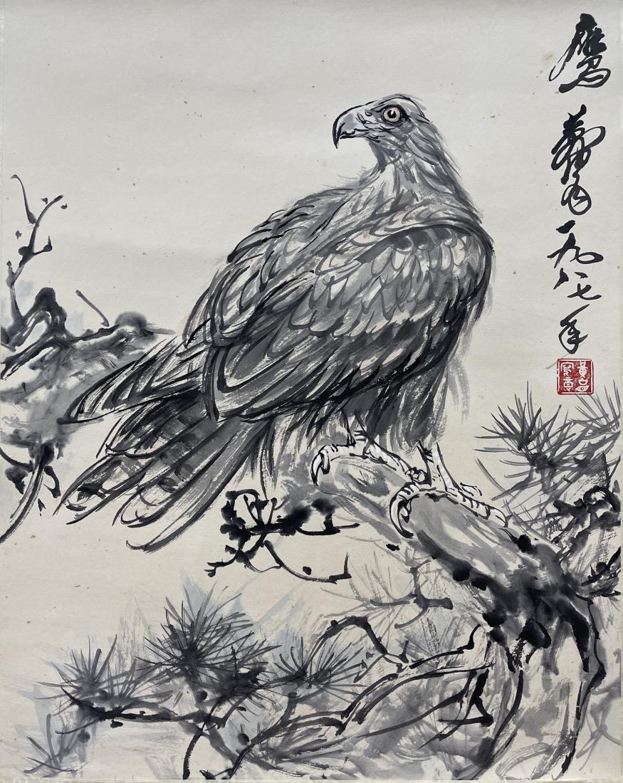 A PAINTING OF EAGLE ON TREE BRANCH, HUANG ZHOU: A painting of eagle on tree branch by Huang Zhou. Ink on paper, Hanging Scroll. Artist signature(s) and seal(s). Dimensions: Inner Painting: 62 cm x 49 cm. All measurements are approximate.