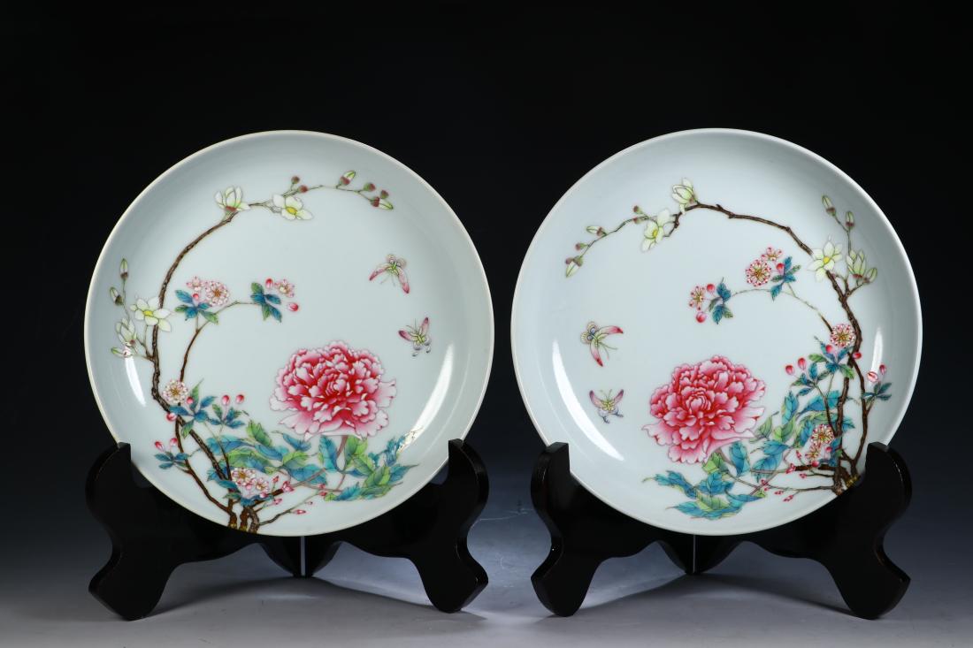 A PAIR OF FAMILLE ROSE FOLIAGE PORCELAIN PLATES (1 of 9)