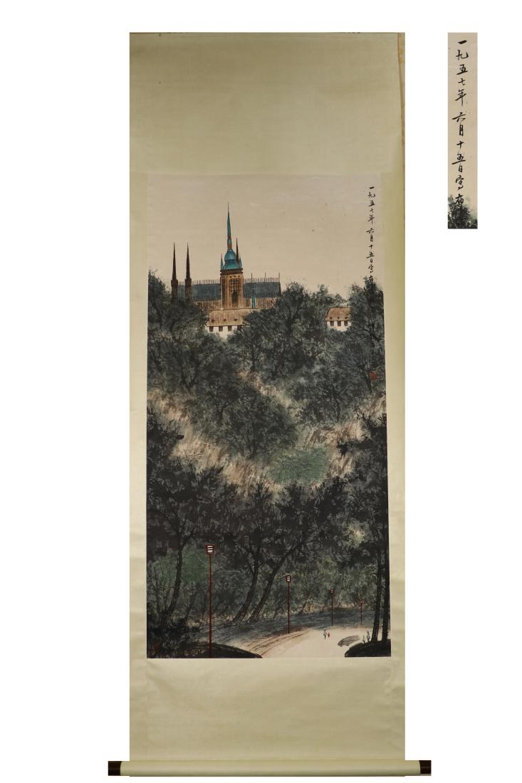 A BUILDING BEHIND WOODS PAINTING, FU BAOSHI: A building behind woods painting by Fu Baoshi. Ink and color on paper, Hanging Scroll. Artist signature(s) and seal(s). Dimensions: Inner Painting: 136 cm x 66 cm. All measurements are approximate.