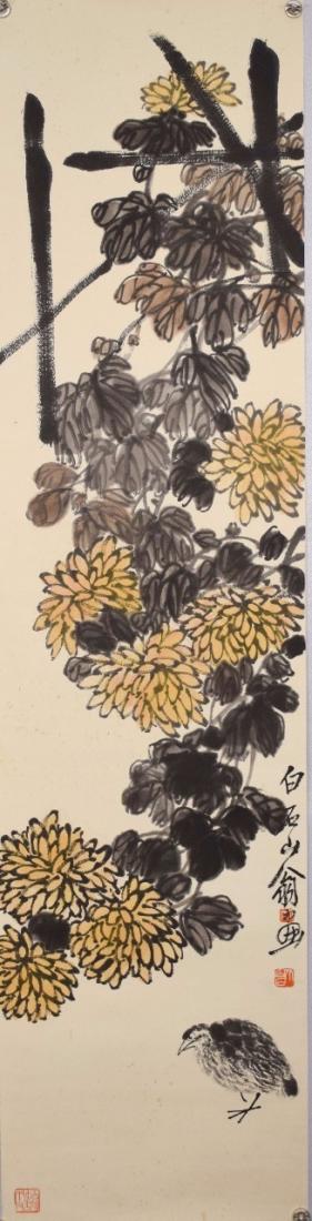 A PAINTING OF BIRDS & FLOWERS, QI BAISHI: A painting of birds & flowers by Qi Baishi. Ink and color on paperr, mounted. Artist signature(s) and seal(s). Dimensions: Inner Painting: 138 cm x 34 cm. All measurements are approximate.
