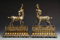 PAIR OF GILT SILVER GEMSTONE INLAID DEER ORNAMENTS