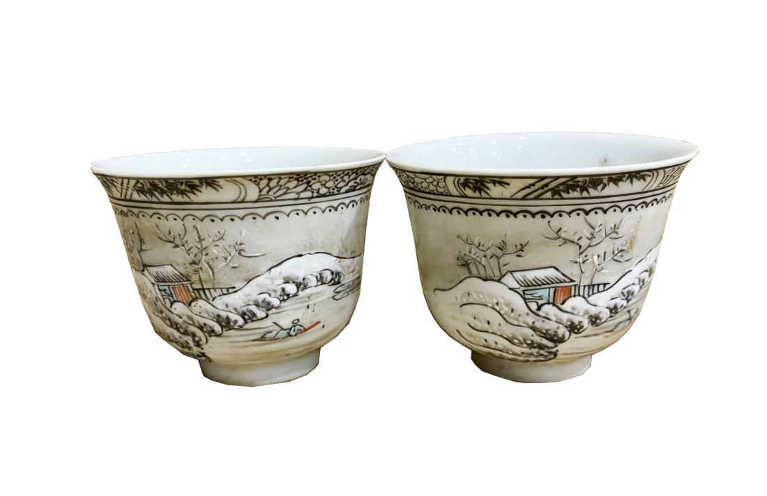 PAIR OF INK GLAZED 'LANDSCAPE' PORCELAIN CUPS (1 of 6)