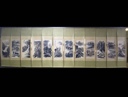 TWELVE-PANEL PAINTINGS OF LANDSCAPE AND FIGURES: Twelve-panel paintings of landscape and figures by Zhao Wangyun. Ink and color on paper, Hanging Scroll. Artist signature(s) and seal(s). Dimensions: Inner Painting: 50 cm x 100 cm x 12. All measureme