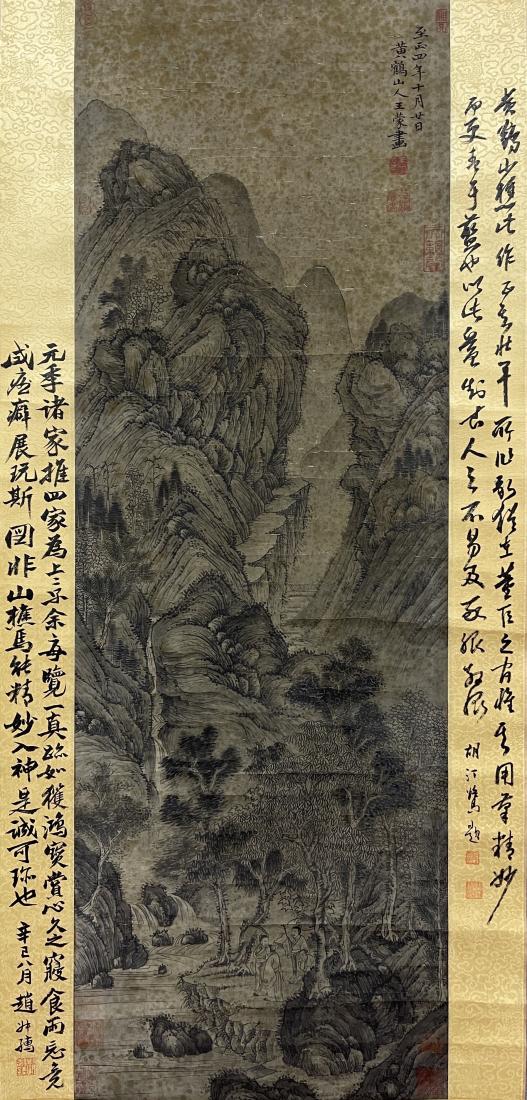 TRADITIONAL CHINESE LANDSCAPE PAINTING, WANG MENG: Traditional Chinese landscape painting signed Wang Meng. Ink and color on silk, Hanging Scroll. Artist signature(s) and seal(s). Dimensions: Inner Painting: 108 cm x 36 cm. All measurements are approp