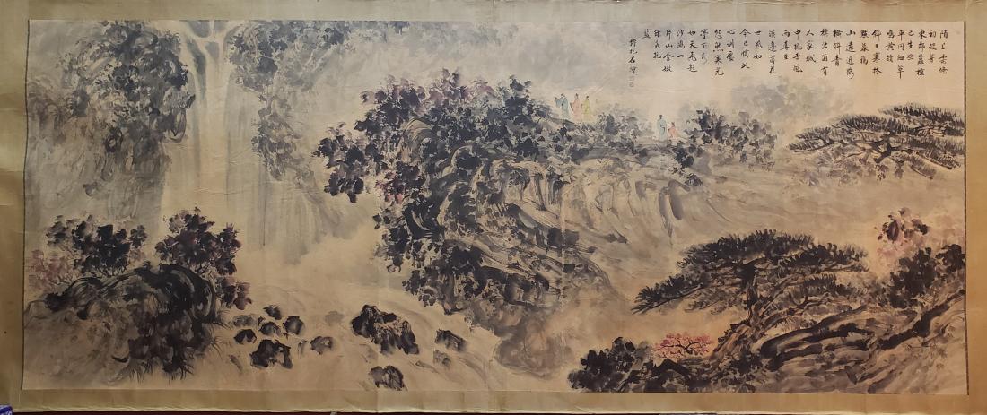 TRADITIONAL CHINESE LANDSCAPE PAINTING, FU BAOSHI: Traditional Chinese landscape painting signed Fu Baoshi. Ink and color on paper, Mounted. Artist signature(s) and seal(s). Dimensions: Inner Painting: 141 cm x 354 cm. All measurements are appropriate