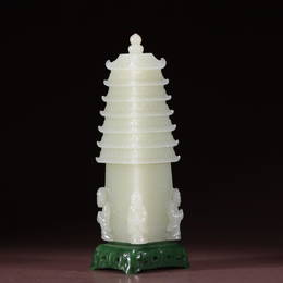 JADE CARVING STUPA ON JASPER CARVING STAND