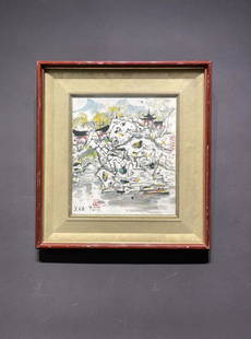 WU GUANZHONG, FRAMED PAINTING OF WATER TOWN: Signed Wu Guanzhong, framed painting of water town.Ink and color on paperboard, Framed. Artist signature(s) and seal(s).Dimensions: Inner Painting: 27 cm x 24 cm.Overall Size: 41 cm x 38 cm.All