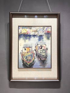 WU GUANZHONG, FERRYBOATS: Signed Wu Guanzhong, Ferryboats.Watercolor on paper, framed.Artist sealed.Dimensions: Inner Painting: 45 cm x 34 cm. Framed: 75 cm x 55 cm. All measurements are approximate.