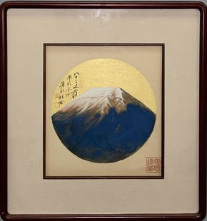 CHANG DAI-CHIEN, SNOW-CLAD MOUNTAIN: Signed Chang Dai-Chien, snow-clad mountain.Ink and color on silk, Framed. Artist signature(s) and seal(s).Collector's seal.Dimensions: Diam: 24 cm. All measurements are approximate.