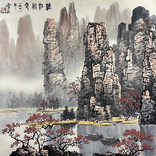 BAI XUESHI, LI RIVER SCENE: Signed Bai Xueshi, Li River scene.Ink on paper, Mounted. Artist signature(s) and seal(s).Dimensions: Inner painting: 68 cm x 68 cm. All measurements are approximate.