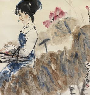 ZHOU SICONG, LADY AMONG LOTUS: Signed Zhou Sicong, lady among lotus.Ink and color on paper, Hanging Scroll. Artist signature(s) and seal(s).Dimensions: Inner Painting: 66 cm x 64 cm. All measurements are approximate.