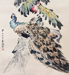 YUAN XIAOCEN, PEACOCK: Signed Yuan Xiaocen, peacock.Ink and color on paper, Hanging Scroll. Artist signature(s) and seal(s).Dimensions: Inner Painting: 73 cm x 68 cm. All measurements are approximate.