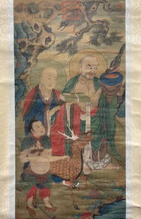 DING GUANPENG, IMMORTALS: Signed Ding Guanpeng, immortals.Ink and color on silk, Hanging Scroll. Artist signature(s) and seal(s).Dimensions: Inner Painting: 96 cm x 48 cm. All measurements are approximate.