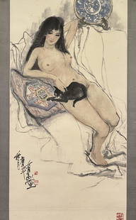 YAO YOUDUO, NAKED GIRL: Signed Yao Youduo, naked girl.Ink and color on paper, Hanging Scroll. Artist signature(s) and seal(s).Dimensions: Inner Painting: 95 cm x 49 cm. All measurements are approximate.