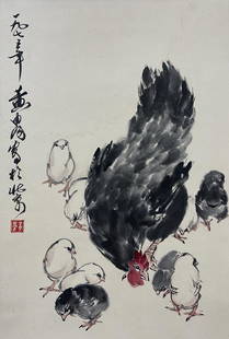 HUANG ZHOU, CHICKEN: Signed Huang Zhou, chicken. Ink and color on paper, Hanging Scroll. Artist signature(s) and seal(s). Dimensions: Inner Painting: 68 cm x 46 cm. All measurements are approximate.