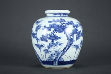 QING, BLUE AND WHITE 'LANDSCAPE' JAR