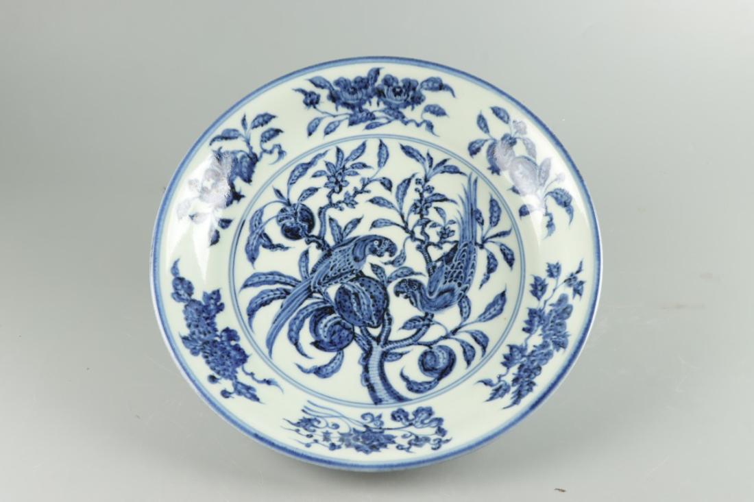 MING, BLUE AND WHITE 'BIRD & PEACH' PLATE (1 of 9)