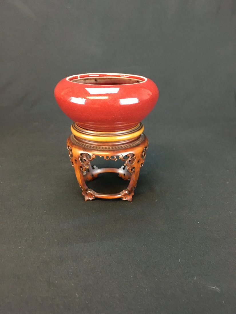 CHINESE OX BLOOD BRUSH WASH BOWL ON  HUANGHUALI STAND (1 of 3)