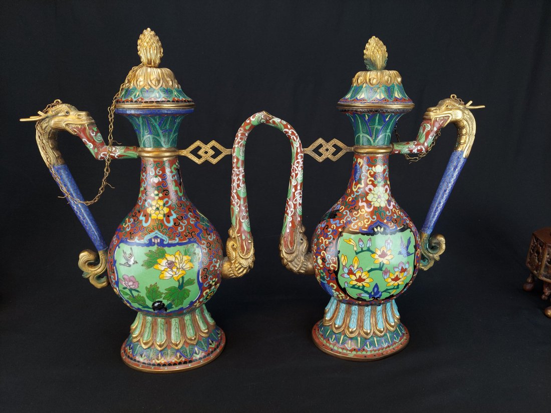 PAIR CHINESE CLOISONNE BRONZE EWERS TEAPOTS (1 of 8)