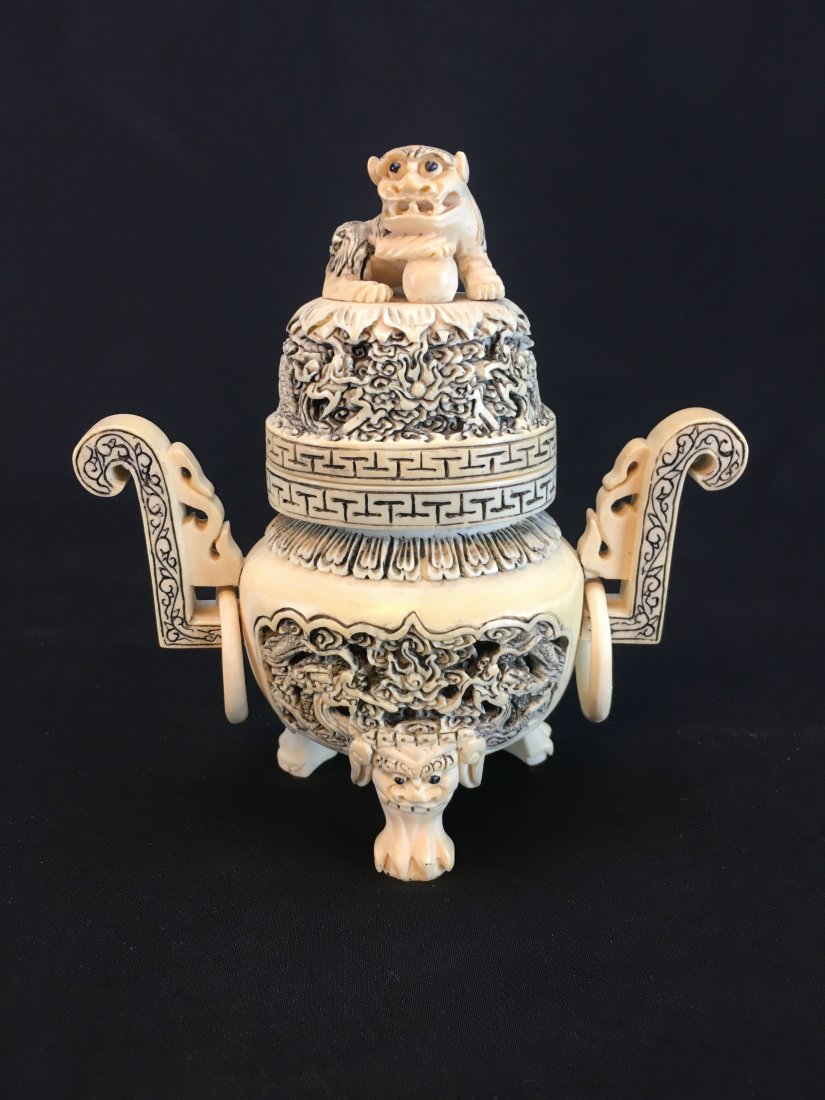 CHINESE CARVED HORN FOO CENSER (1 of 6)