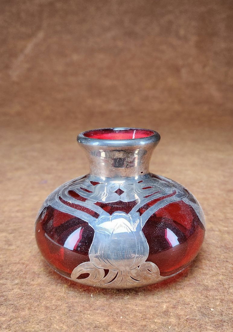 RUBY GLASS SILVER OVERLAY BOTTLE (1 of 1)