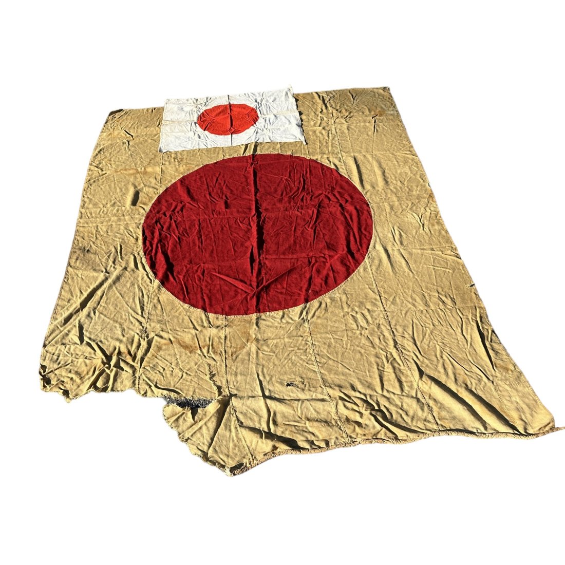 Lot of 2 WWII Japanese Meatball Flags to 9 Feet - 9' x 6.5' and 36" x 28": 2 WWII era Japanese Meatball flags. Larger flag: 9' x 6.5'. Smaller flag: 36" x 28"