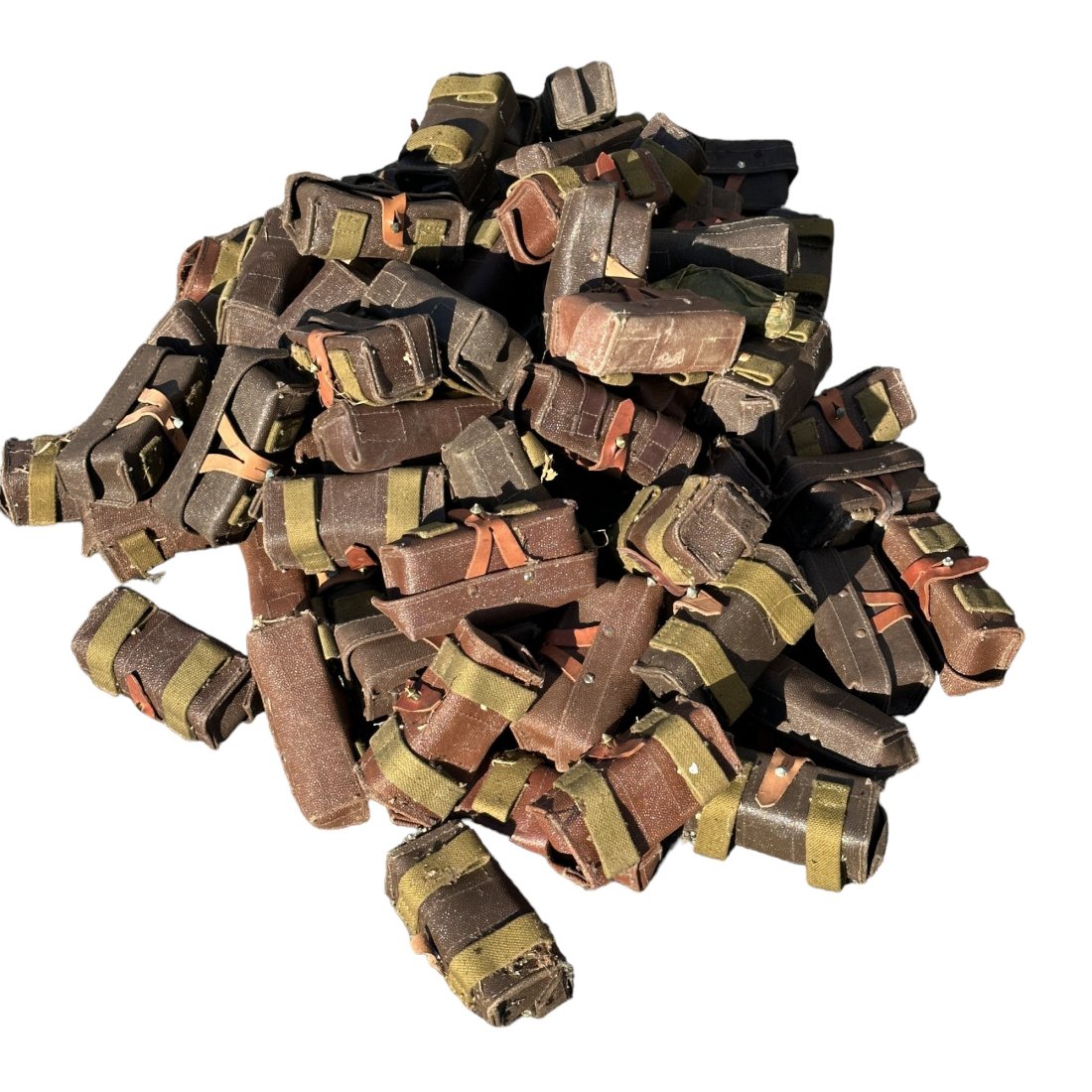 Lot of 75 Surplus Ammo Belt Pouches: Lot of 75 vintage foreign surplus belt pouches. Leather or leatherette construction. Possibly Soviet SKS ammo pouches.