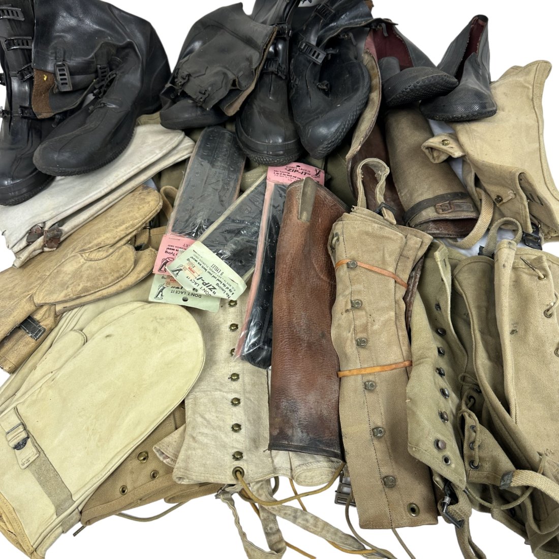 Military Leggings Mittens Rubber Boot Shoe Covers Lot - Leather Cavalry: Mixed lot of vintage military leggings, mittens, rubber boots, rubber shoe covers, zippers, etc.. Condition varies.