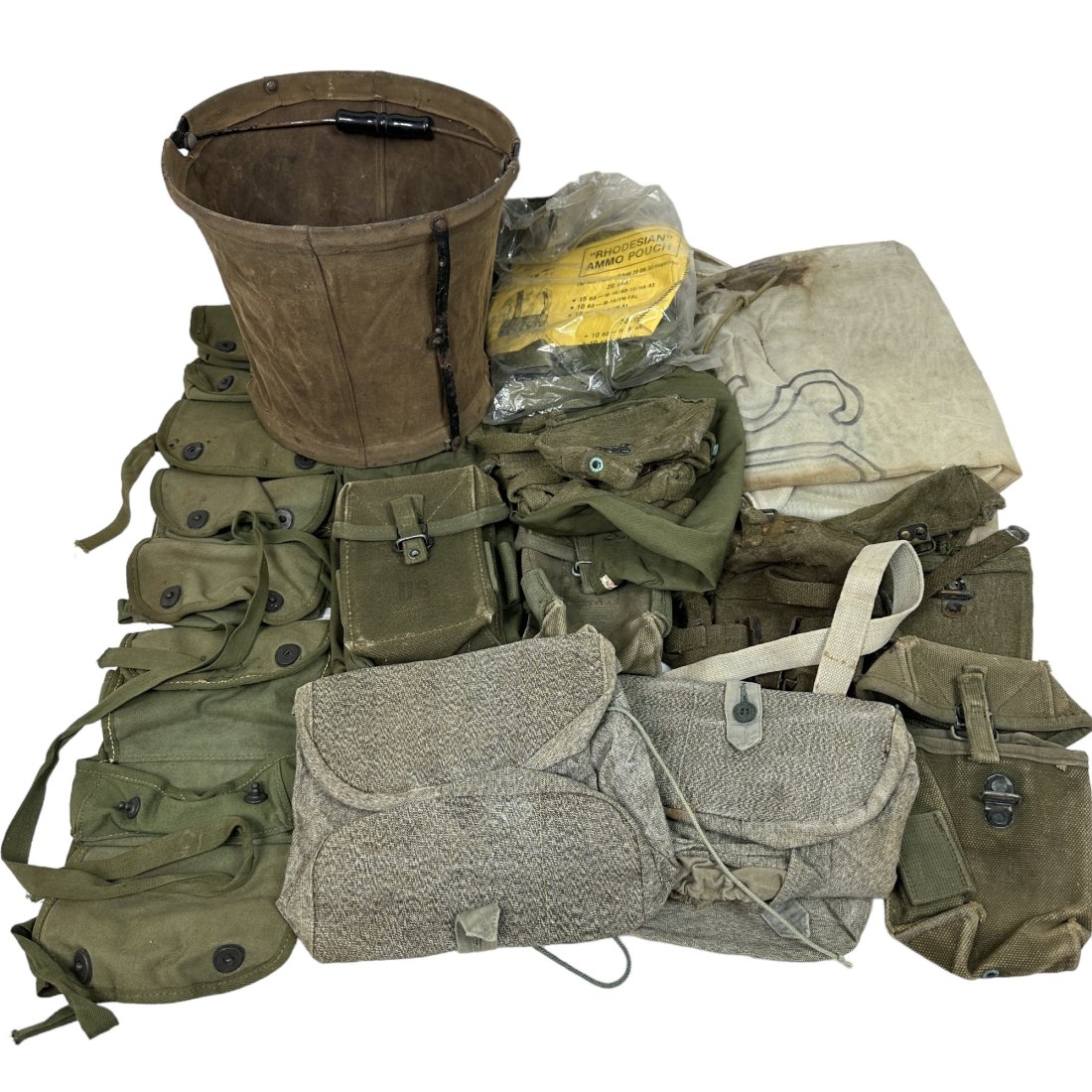 Misc US & Foreign Ammo & Grenade Pouches Folding Canvas Pail Lot: Mixed lot of vintage military field gear. Mostly US with some foreign. Some WWII dated. Condition varies.