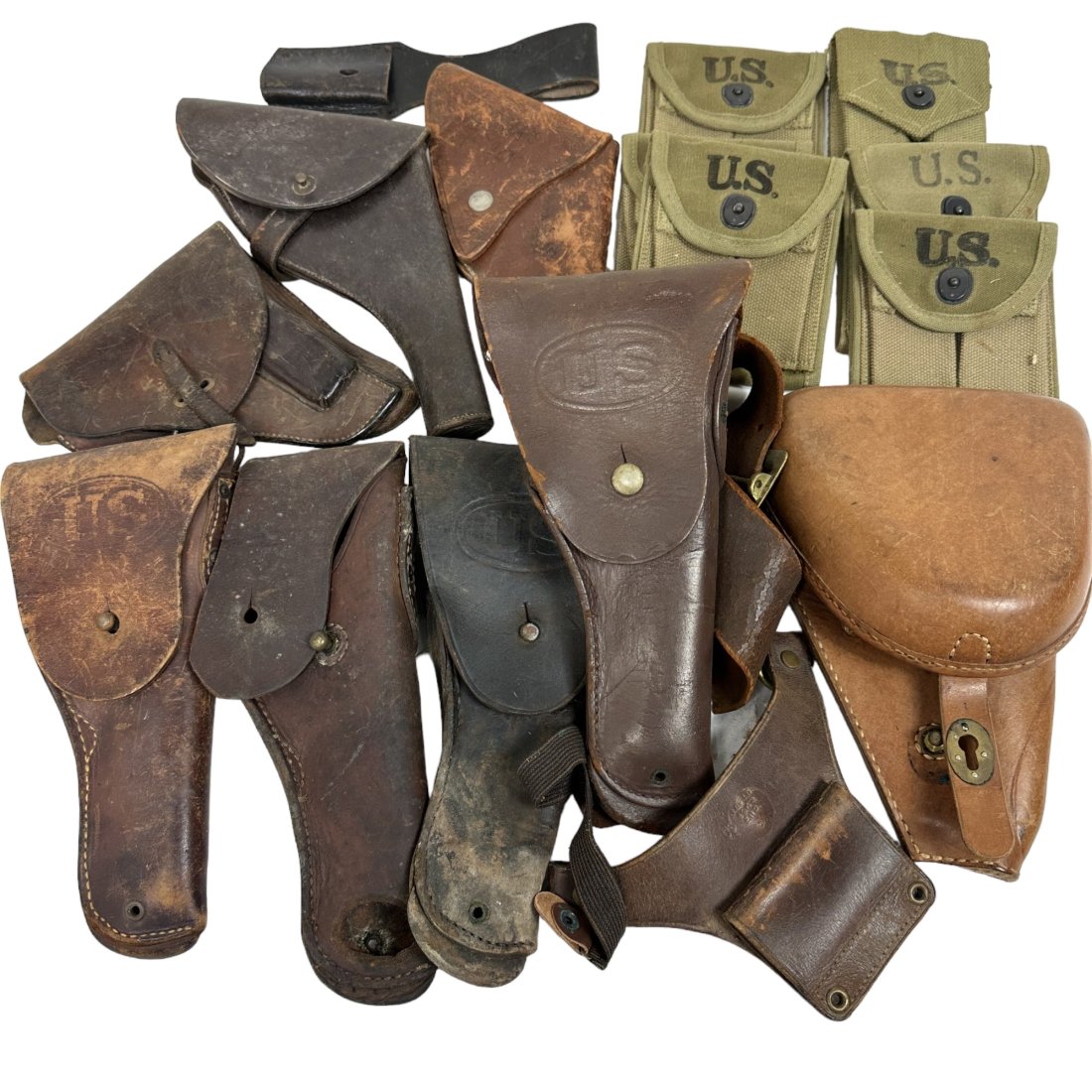 Misc. Military Holster & Magazine Pouch Bayonet Frog Lot - 1911 & Luger: Mixed lot of vintage military holsters, magazine pouches, and bayonet frog. Mostly US with unmarked Luger holster. Some WWII dated. Condition varies.