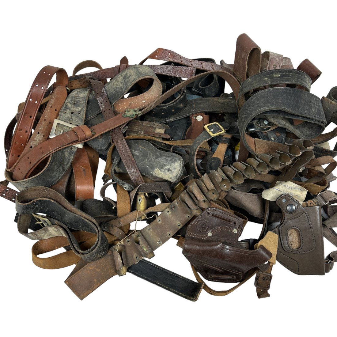 Misc. Leather Holster Belt Rifle Sling Lot: Mixed lot of assorted holsters, rifle slings, and belts. Some antique and vintage military. Leather Springfield Armory SL-1 Sling by Bianchi. Police belt and holster. Condition varies.