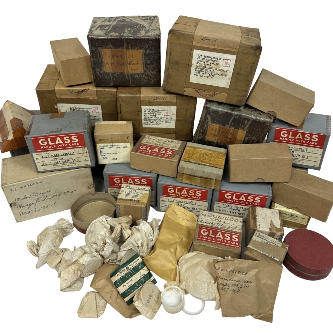 Military Glass Lens & Prism Optics Replacement Parts Lot B&L: Large lot of vintage surplus US military glass lens and prism optics replacement parts. Mostly 1950's vintage. Some Bausch & Lomb brand.