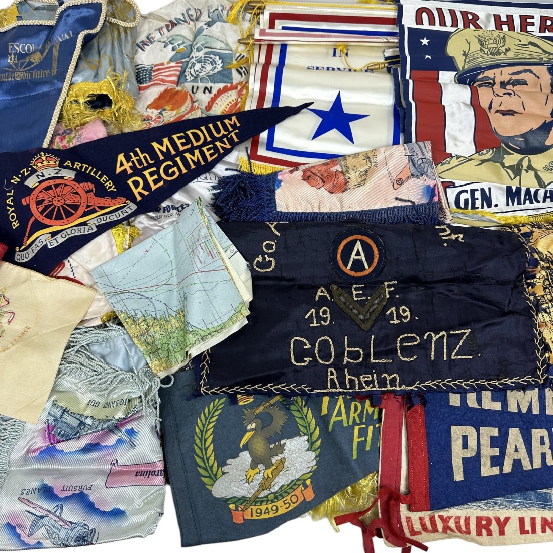 WWI WWII Korea Small Flag Pennant Banner Pillow Cover Home Front Lot: Lot of mostly US military home front items. Some WWI, WWII, and Korean War era. Small son in service banners, flag, pennants, pillow covers, silk type map. Condition varies.