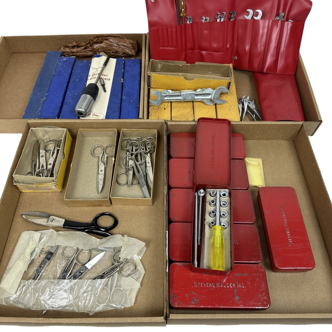 Vintage US Surplus Wrench Richmont Torque Screwdriver Boker Scissors Lot: Lot of vintage US surplus hand tools. Includes scissors, wrenches, torque drivers, and socket sets. Brands include Boker, Richmont, and Stevens Walden, and Miller Falls.