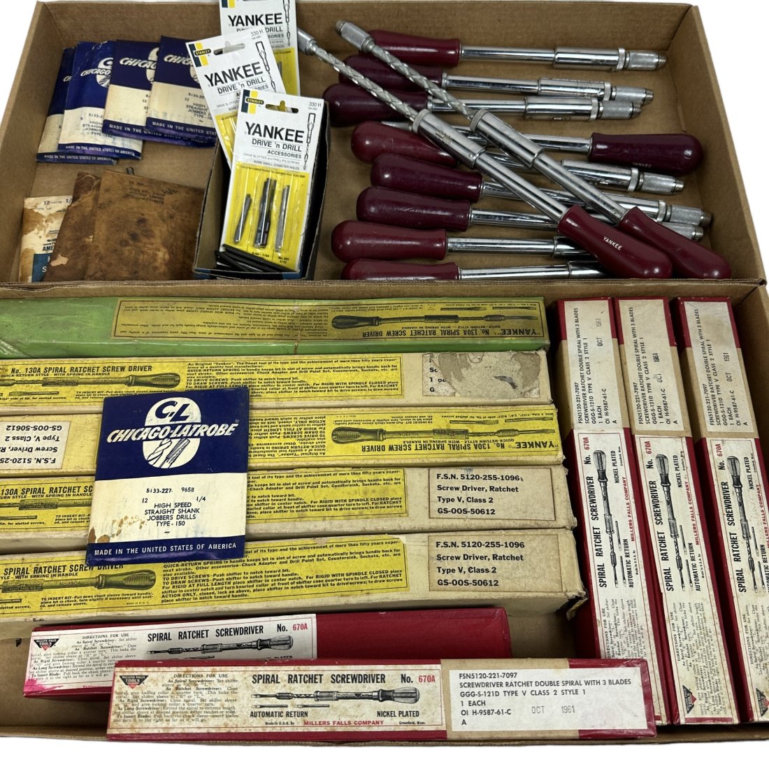 Vintage US Surplus Stanley Yankee 130A & Miller Falls Spiral Ratchet Screwdriver Lot: Lot of vintage US surplus spiral ratchet screwdrivers by Stanley Yankee & Miller Falls. Approximately half boxed with additional loose & carded accessories and drill bits in envelopes.