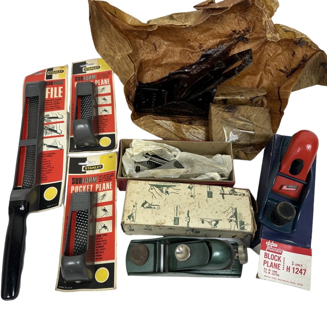 Vintage US Surplus Stanley & Shelton Block Plane Tool Lot: Vintage US surplus plane & file tool lot. Brands include Stanley, Shelton, Sears Craftsman, and Miller Falls.