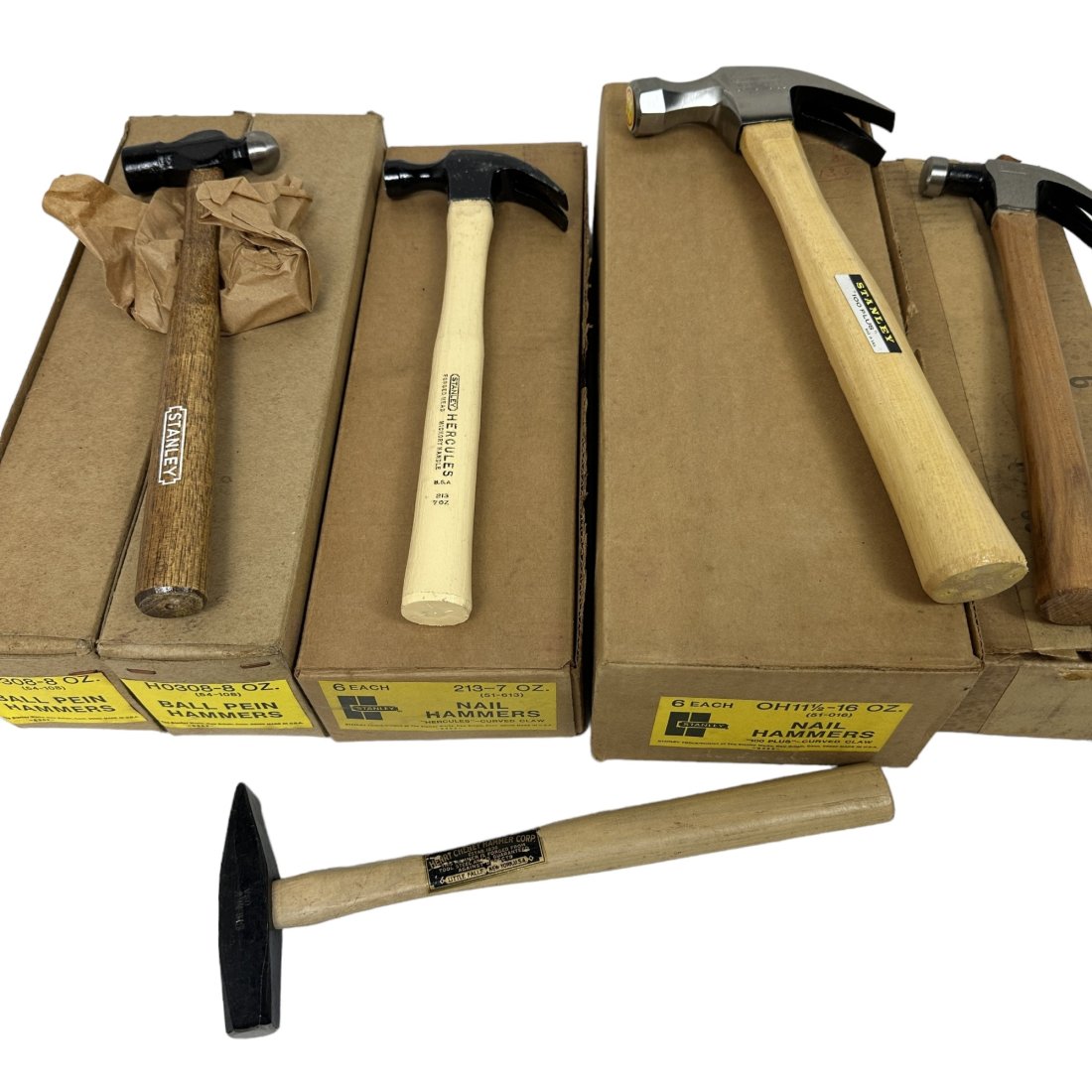 25 US Surplus Stanley Plumb Henry Cheney Hammer Lot: Lot of 25 vintage US surplus hammers. Assorted sizes and styles. Brands include Stanley, Plumb, and Henry Cheney.