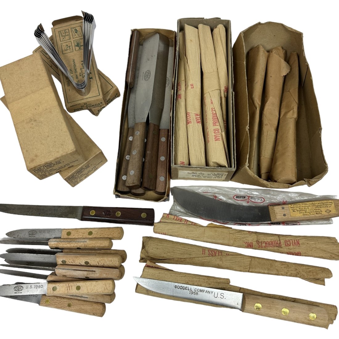 US Surplus Kitchen Knife & Utensil Lot Utica Cutlery Goodell Ontario - ~80 Pieces: Vintage US surplus kitchen knife & utensil lot. Approximately 80 pieces total. Brands include Utica Cutlery, Goodell, and Ontario.