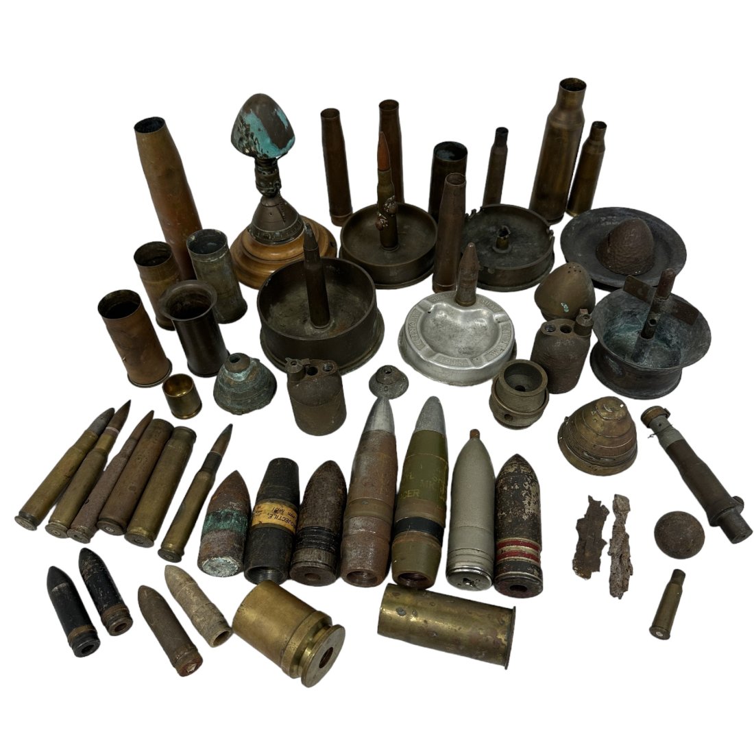 Vintage Trench Art Shell Ashtray Inert Fuze & Dummy Round Parts Lot: Large lot of vintage trench art shells, fuzes, ashtrays, and dummy rounds with some loose parts. All inert.