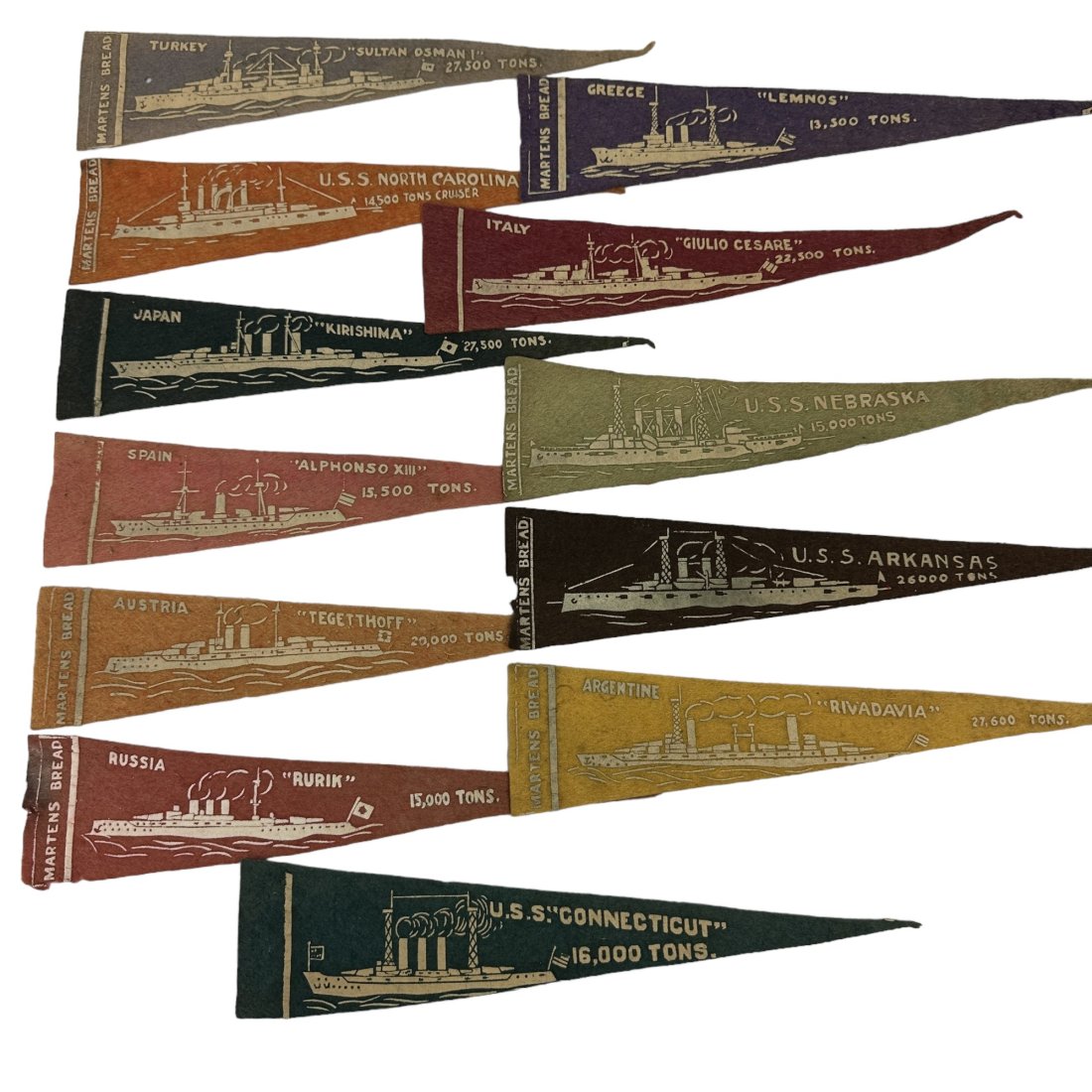 12 WWI Era Martens Bread Premium Mini Felt Battleship Pennant Lot: Lot of 12 WWI era Martens Bread premium miniature pennant flags of battleships.