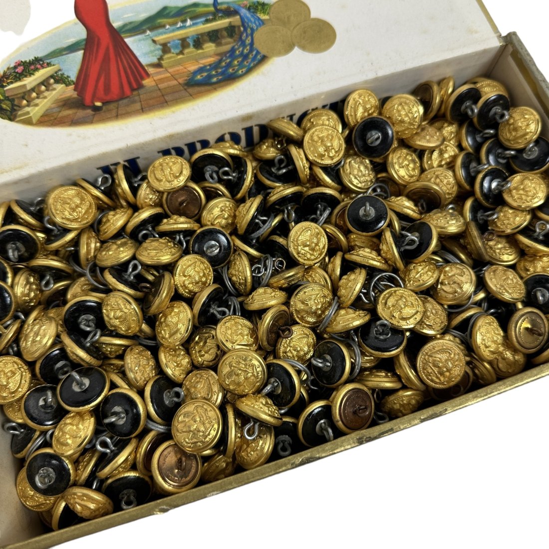 Large Lot of US Military Gold Plated Uniform Buttons in Cigar Box: Large lot of vintage US military gold plated uniform buttons in cigar box.