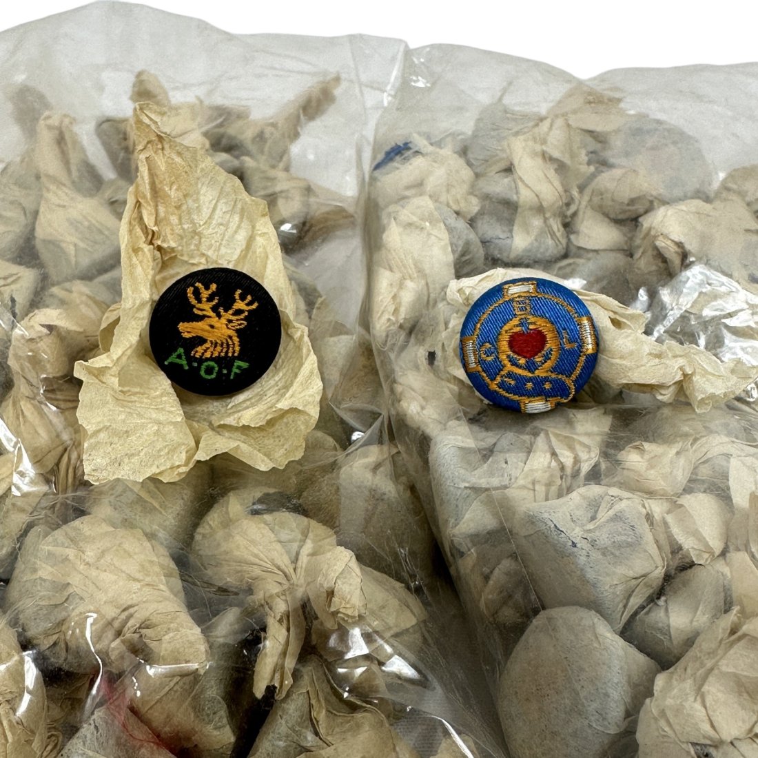 Vintage Unidentified A.F.O and C.B.L Uniform Button Lot: Lot of vintage cloth covered A.F.O and C.B.L uniform buttons. Most individually wrapped in paper.