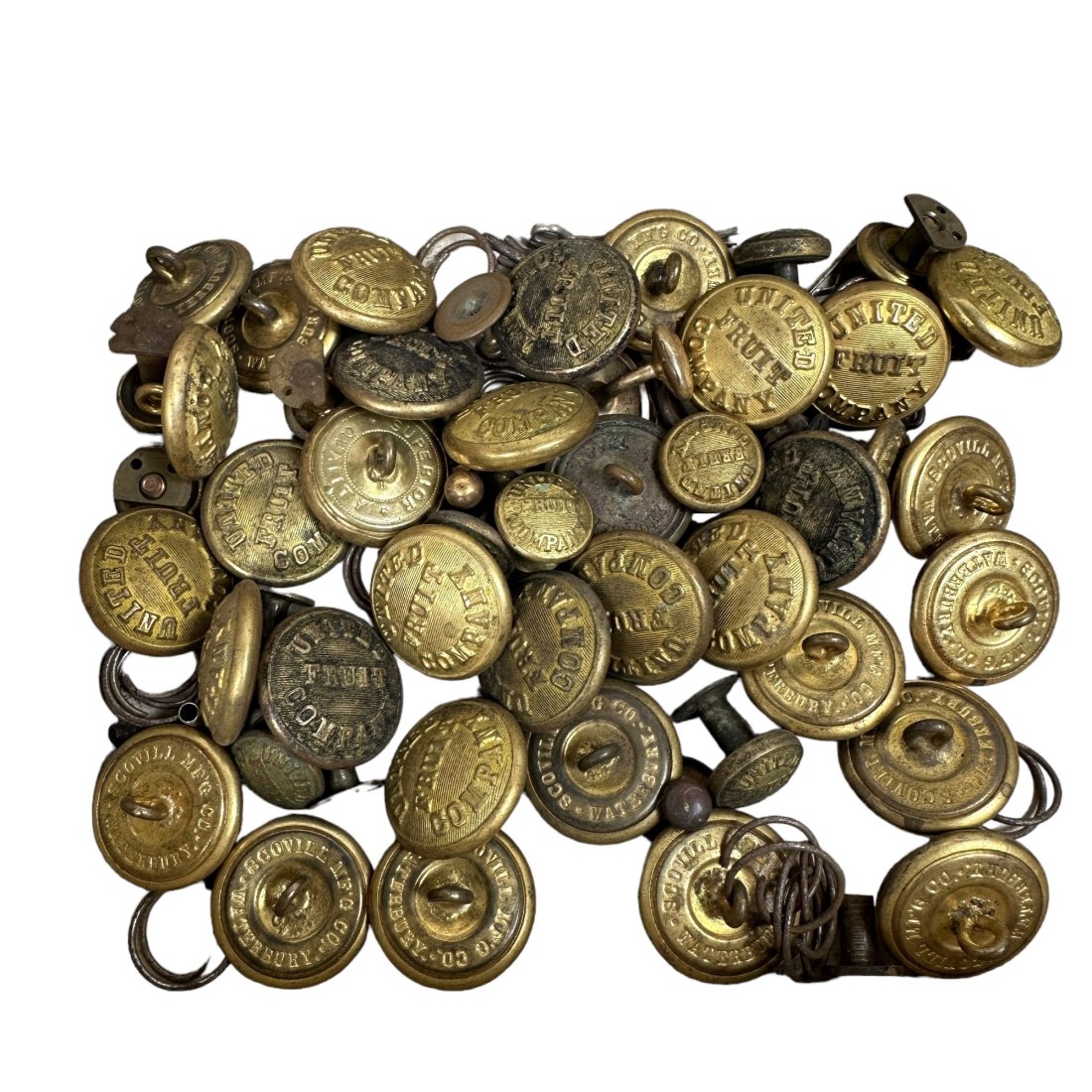 Antique United Fruit Company Button Lot in Cigar Box Scoville Mfg.: Lot of antique United Fruit Company Uniform buttons in old cigar box. Scoville Mfg. brand.