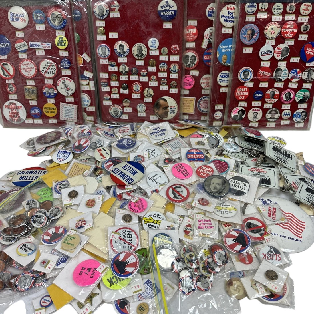 Large Lot of Political Buttons & Ephemera 100s: Large lot of vintage political buttons & ephemera on aftermarket cards and retail display boards. US presidential campaign buttons from the early 1900's to 1990's. Also includes some non-political but