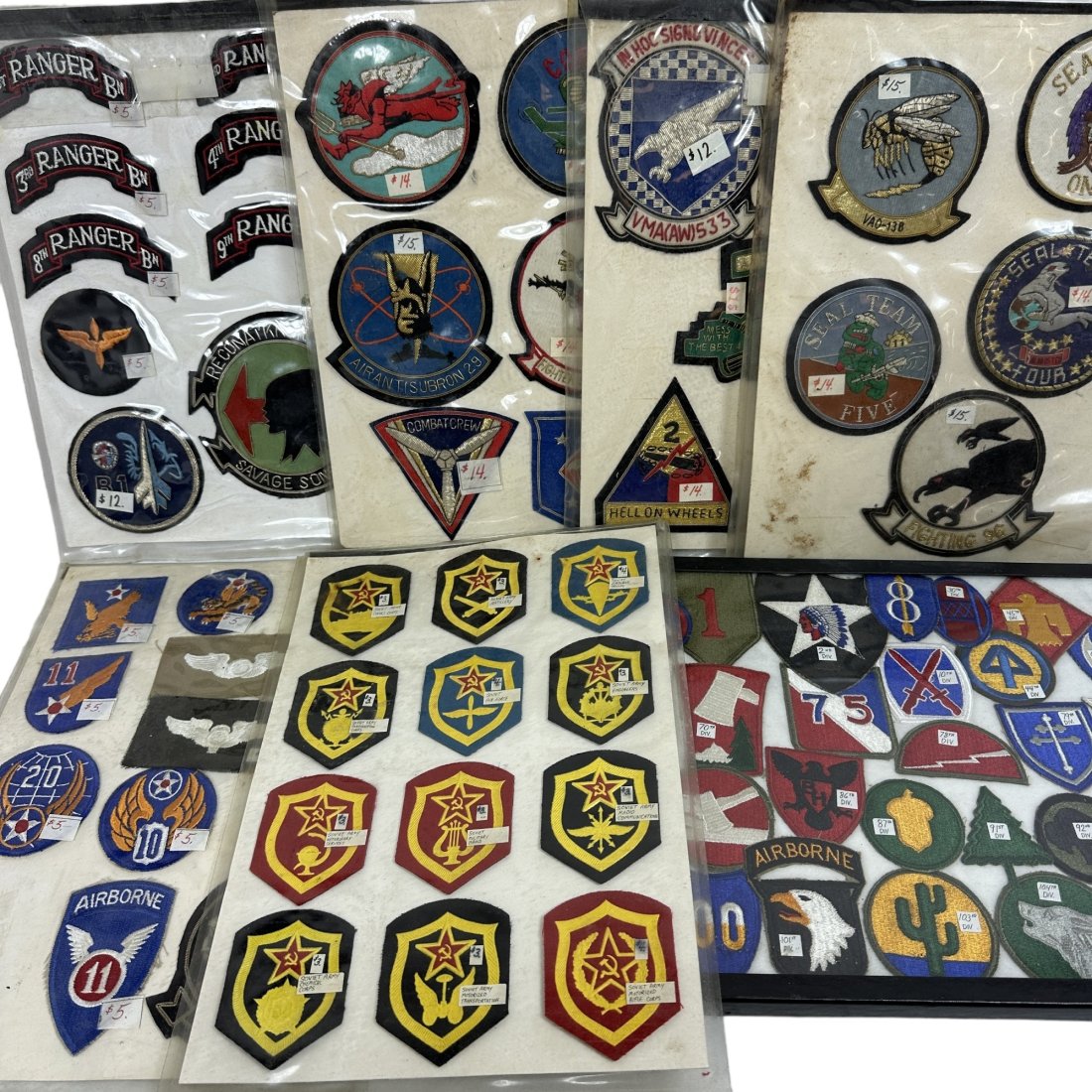 US & Soviet Military Patch Display Lot Bullion Air Force Special Forces: Lot of vintage US & Soviet military patches on 6 aftermarket retail display boards and in Riker mount. Display boards are double sided. Includes Special Forces and bullion US Air Force patches.