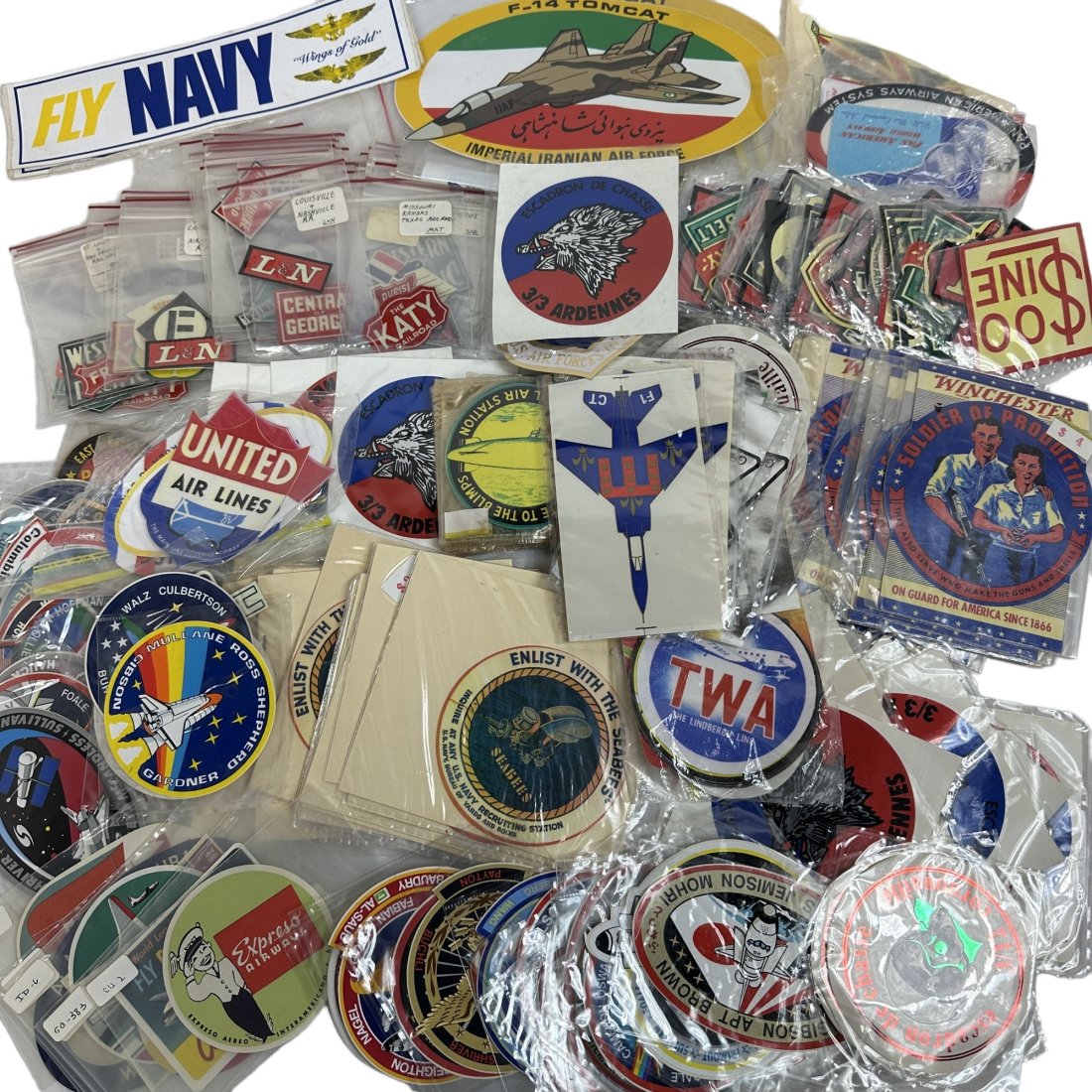 Original & Reproduction Decal Sticker Luggage Tag Lot - Airline NASA Railroad Air Force: Large lot of assorted decals. A mix of original and reproduction decals. Many reproduction US airline luggage tags with some original foreign airline luggage tags. Original & reproduction railroad lug