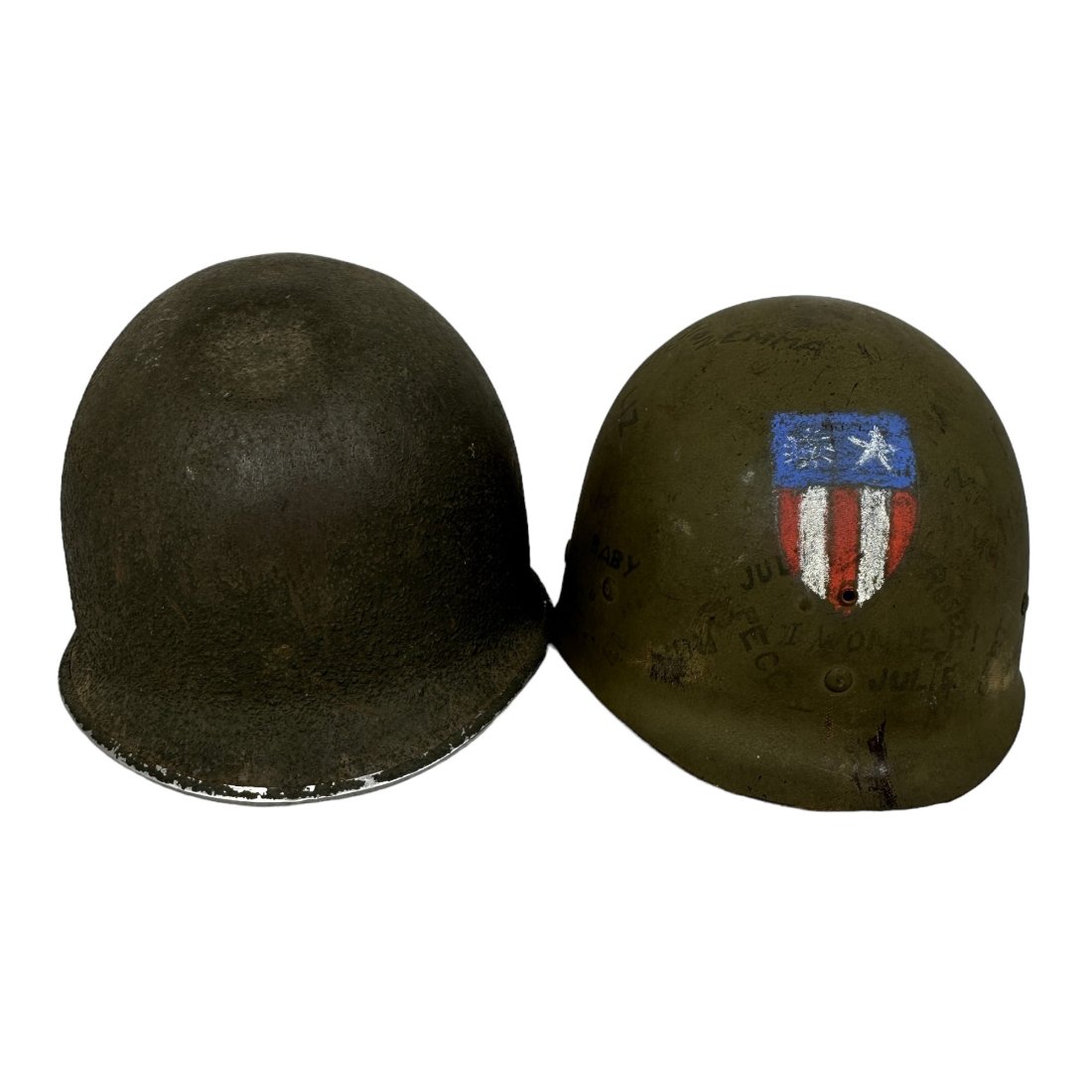 WWII Fixed Bale US M1 Helmet w/ Painted China Burma India MSA Liner: WWII fixed bale US M1 helmet with painted personalized China-Burma-India MSA liner. Large dent in top of helmet.
