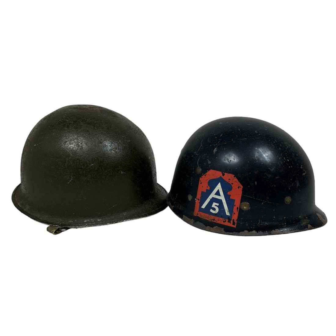 WWII Fixed Bale US M1 Helmet w/ Black Painted 5th Army Westinghouse Liner: WWII fixed bale US M1 helmet with black painted 5th Army decal Westinghouse liner.