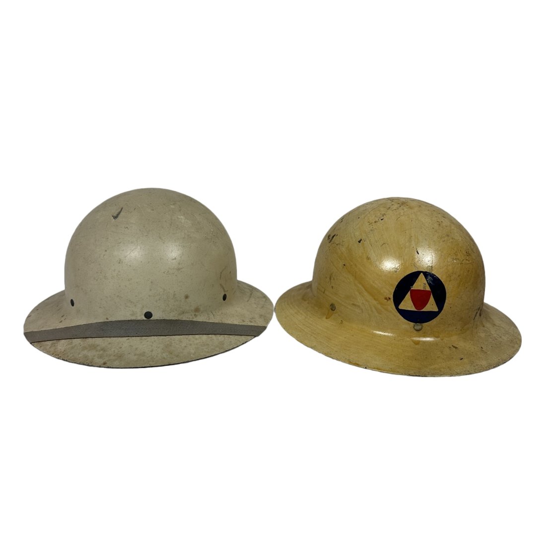 2 WWII Era US O.C.D. Civil Defense Helmet Lot: Lot of 2 WWII era US O.C.D. Civil Defense helmets. One appears varnished.